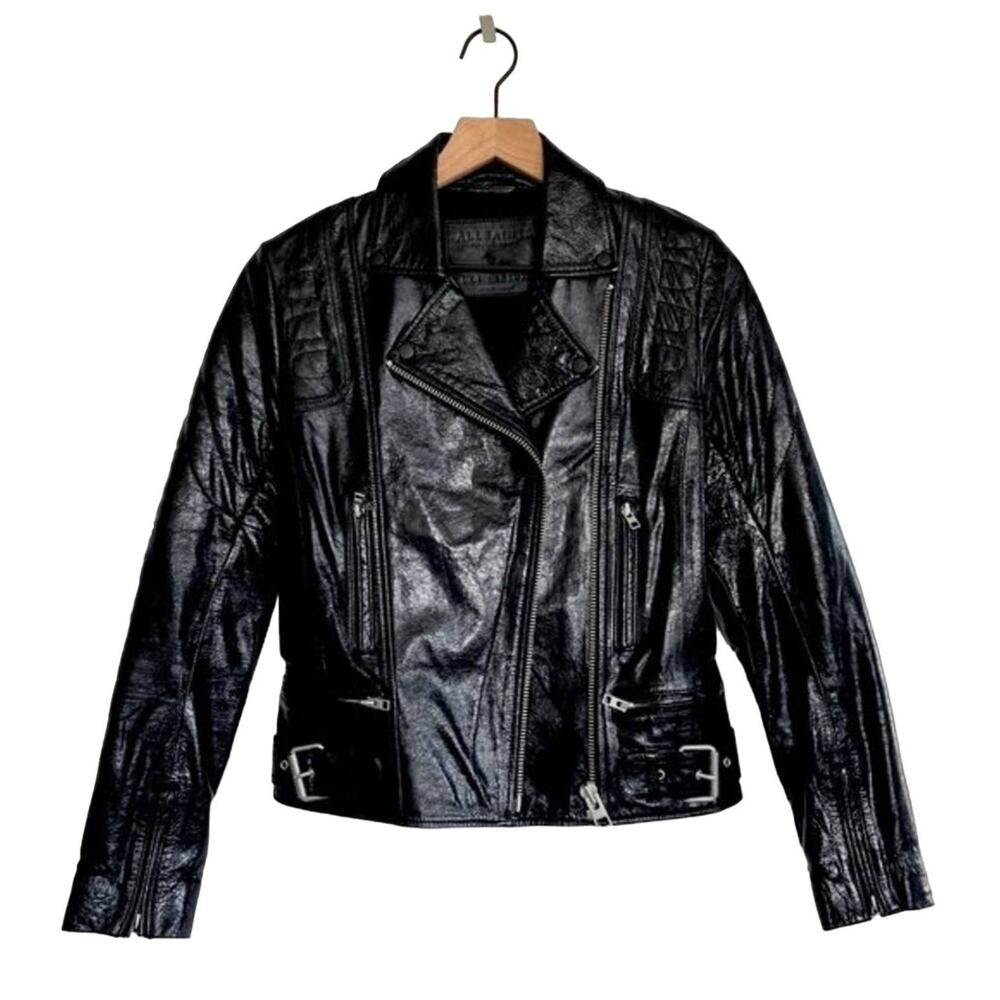 AllSaints The Biker Series 1 Patent Lamb Leather Moto Jacket US 0